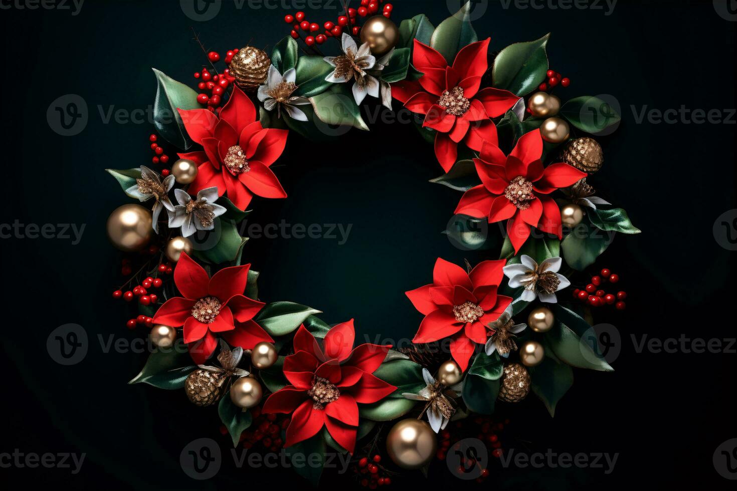 A festive wreath against an inky backdrop is arranged for an overhead vista with plenty of unused space. photo