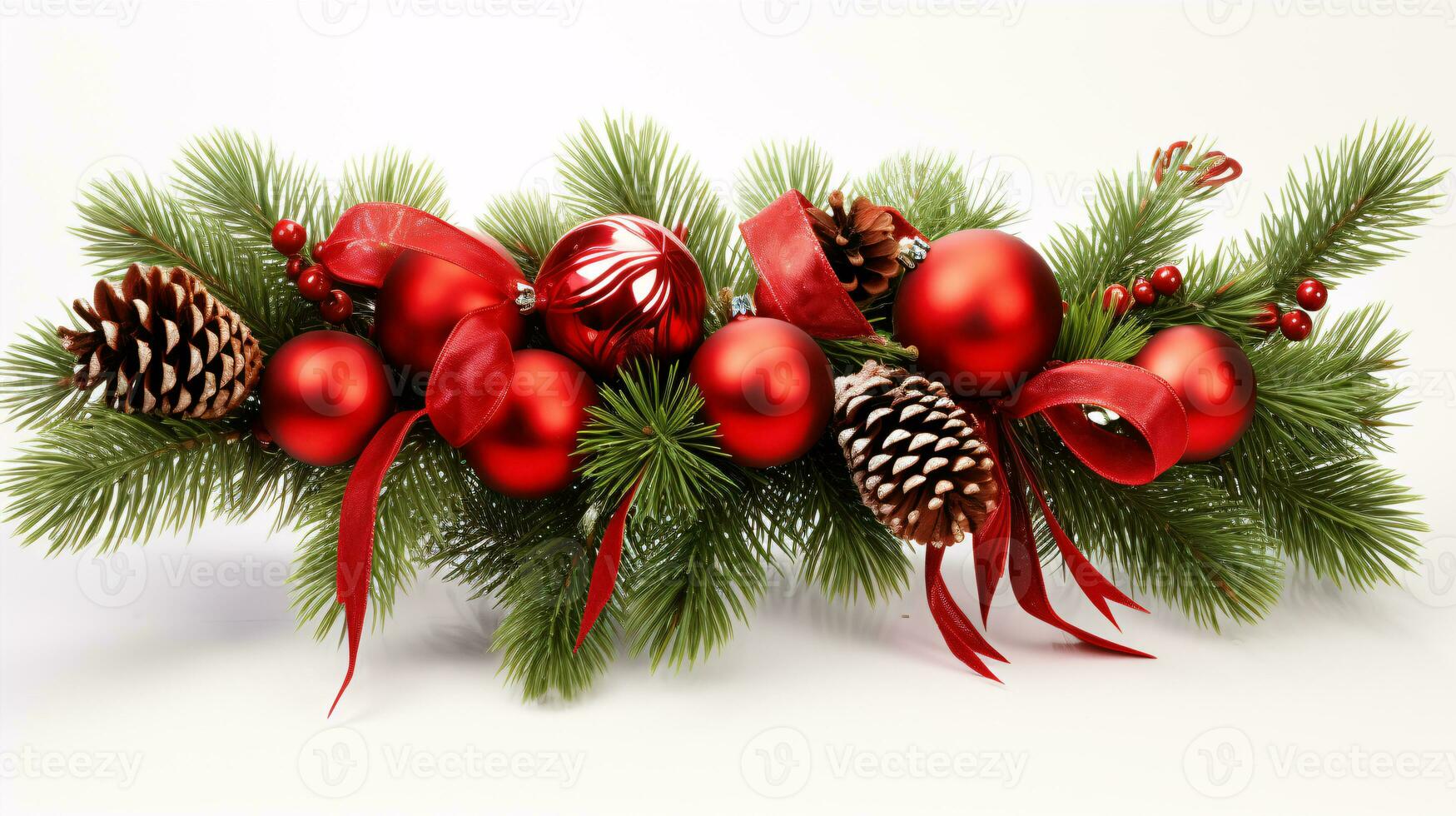 A scene of festive green pine twigs, red decorations and silky ribbons on a white backdrop is presented. photo
