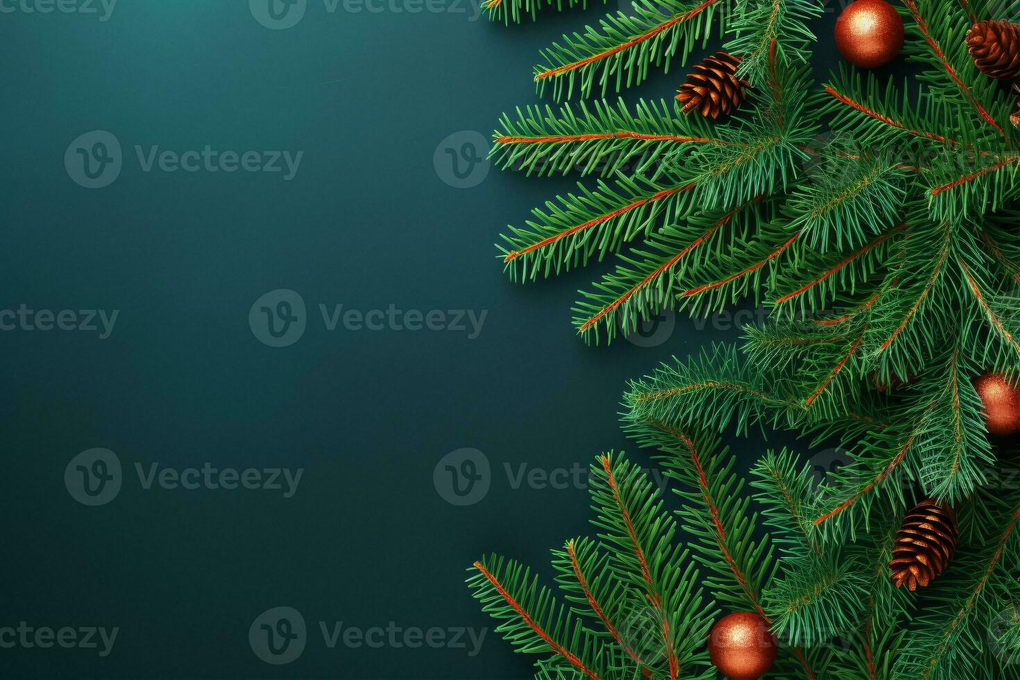 A postcard with red and green decorations against a blue background, depicting a festive winter New Year scene, composed from fir tree branches with a top-down view. photo