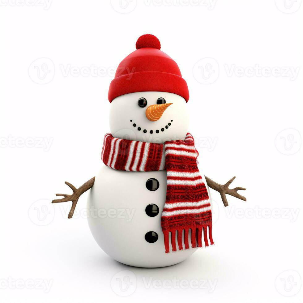 A snowman, adorned with a Santa hat and a red scarf, stands isolated on a pristine white backdrop. photo