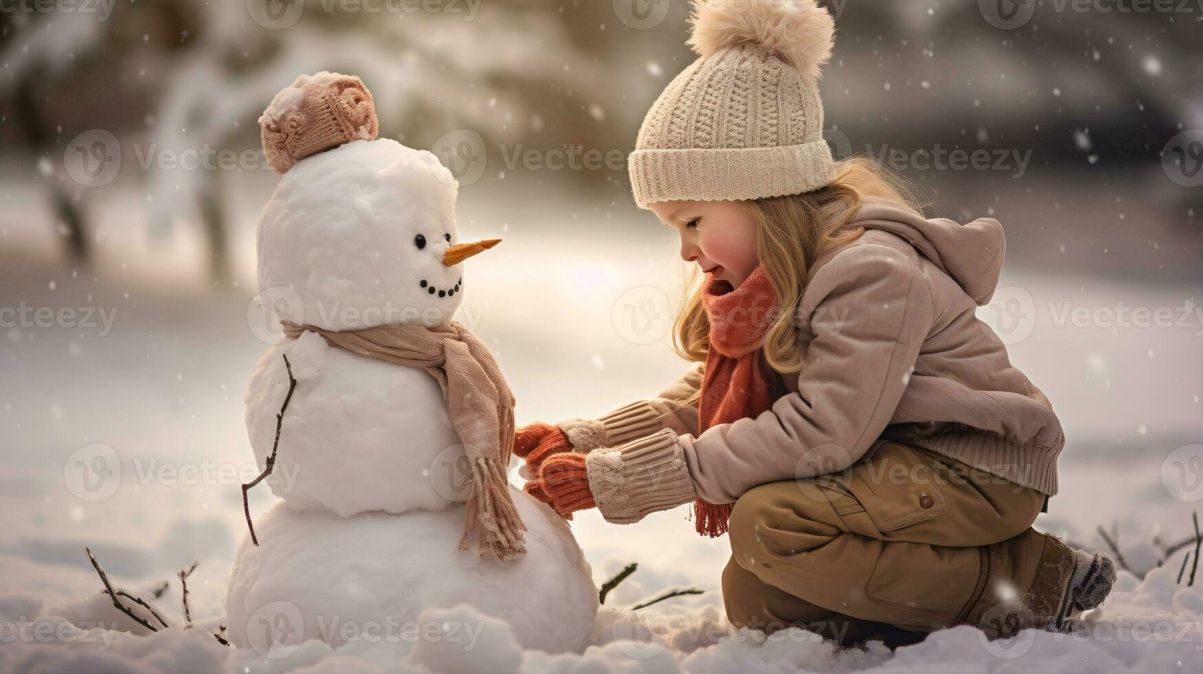 Children play outdoors in snow. Outdoor fun for family Christmas vacation. Playing outdoors. Happy child having fun with snowman. photo