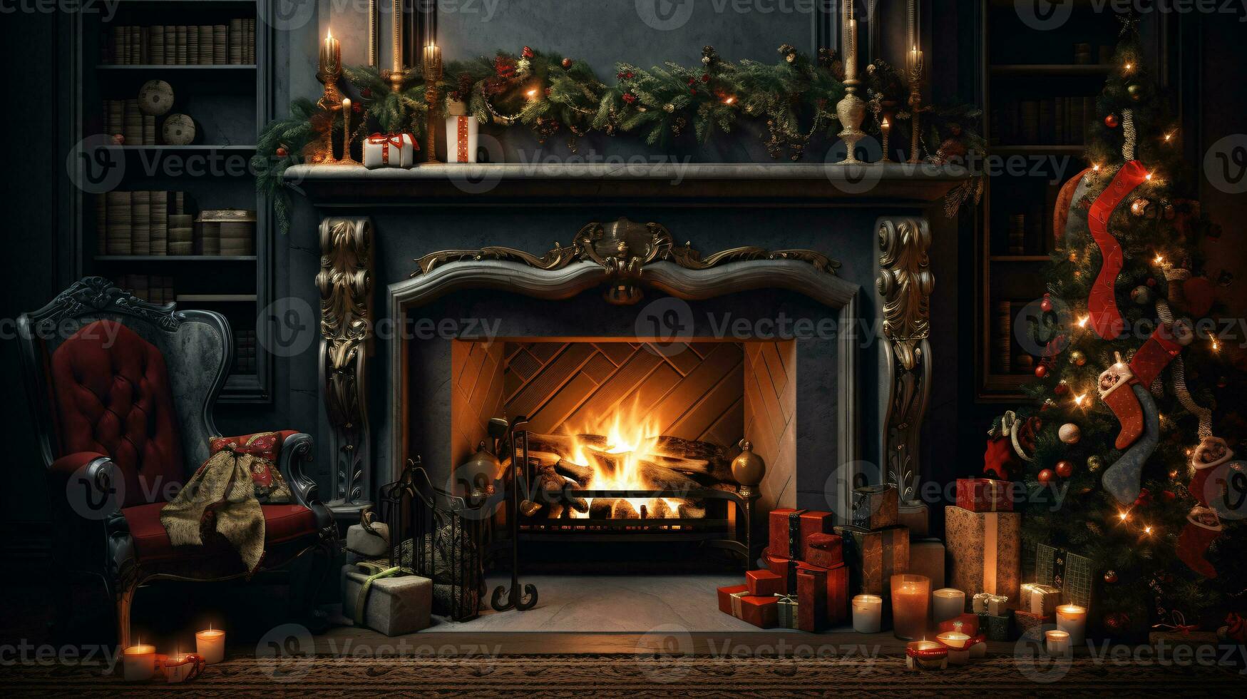 Cozy fireplace adorned with stockings and garlands, creating a warm and inviting atmosphere photo