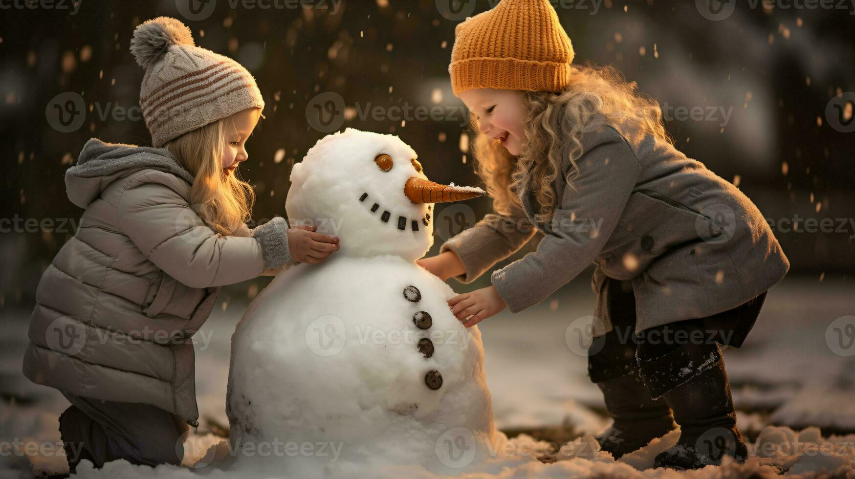 Children play outdoors in snow. Outdoor fun for family Christmas vacation. Playing outdoors. Happy child having fun with snowman. photo