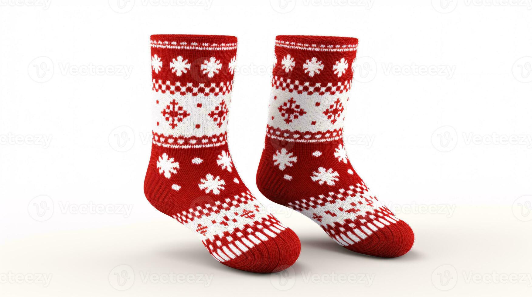 Wooly, festive winter socks decorated with white hearts, evoking a crisp, cold winter in red and white. photo
