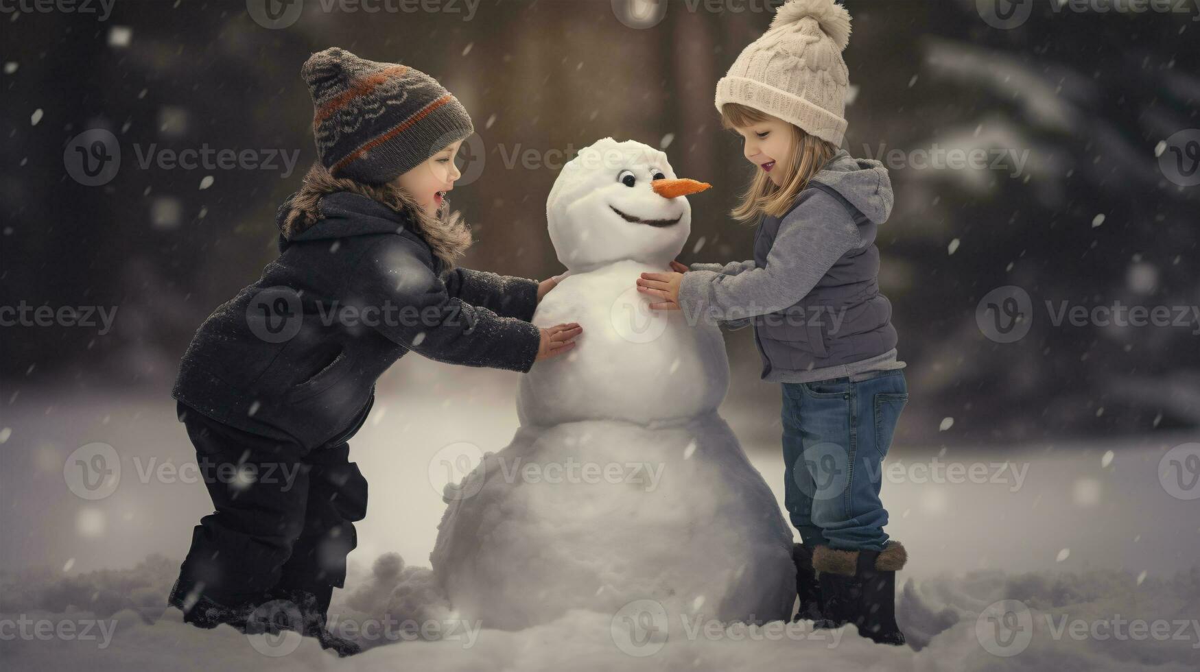 Children play outdoors in snow. Outdoor fun for family Christmas vacation. Playing outdoors. Happy child having fun with snowman. photo