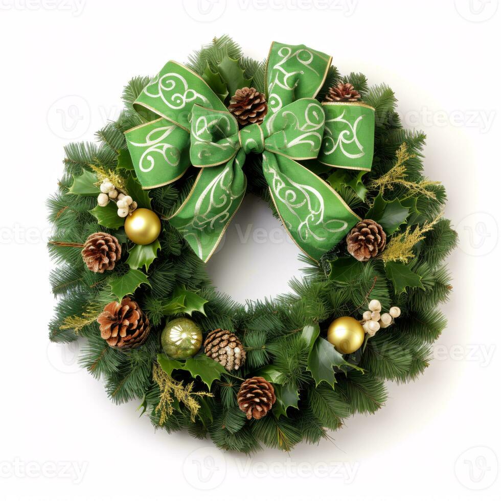 Outlining a gaily-coloured Yuletide garland on a stark white background, brightening the room and adding holiday cheer. photo