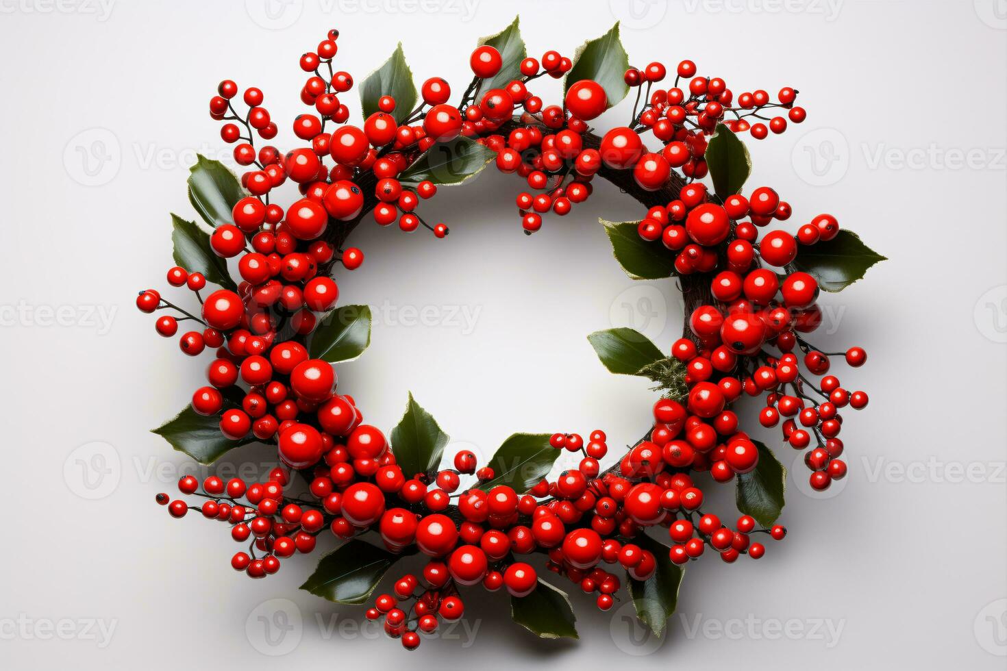 Isolated festive green Christmas wreath on a white backdrop. photo