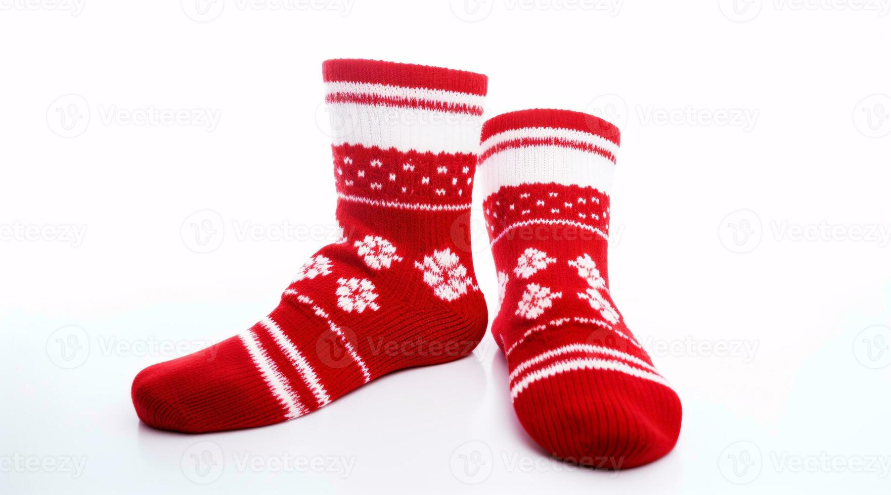 A duo of snug woollen winter socks adorned with white knitted patterns of hearts on a stark backdrop make a festive look for the chillier months. photo