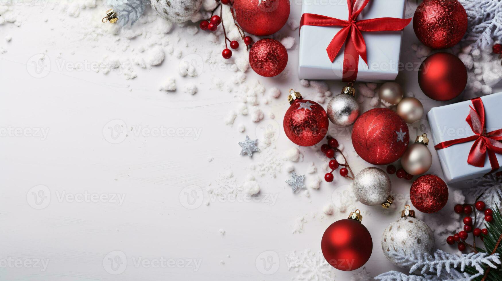 A festive array of gifts, fir twigs, and red embellishments on a light backdrop for celebrating Christmas, winter, and New Year. photo