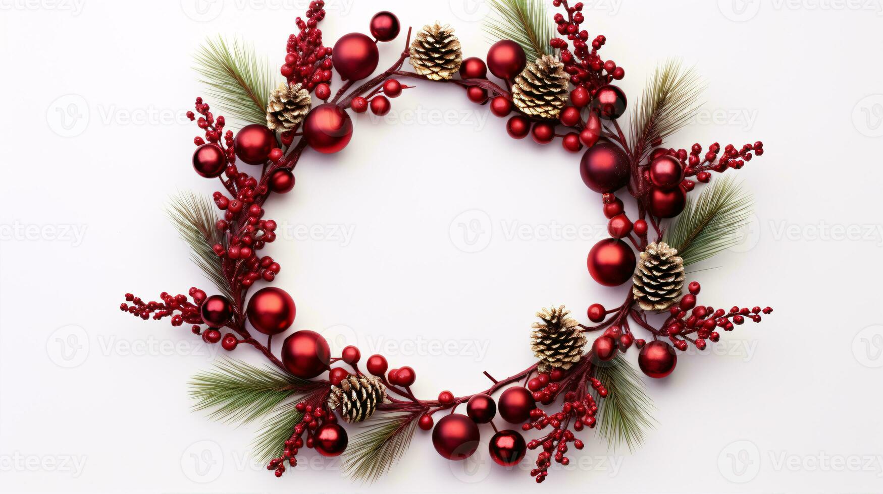 A festive wreath presents a flat-lay, top-view with copy space on a white backdrop. photo