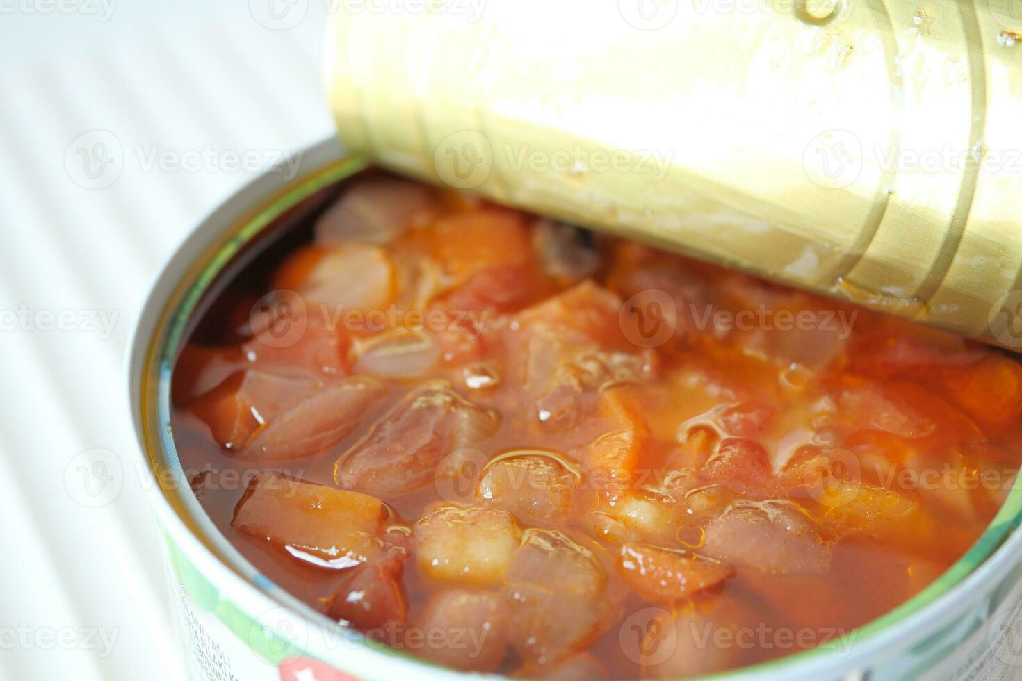 preserved canned tomato beans in tin container photo