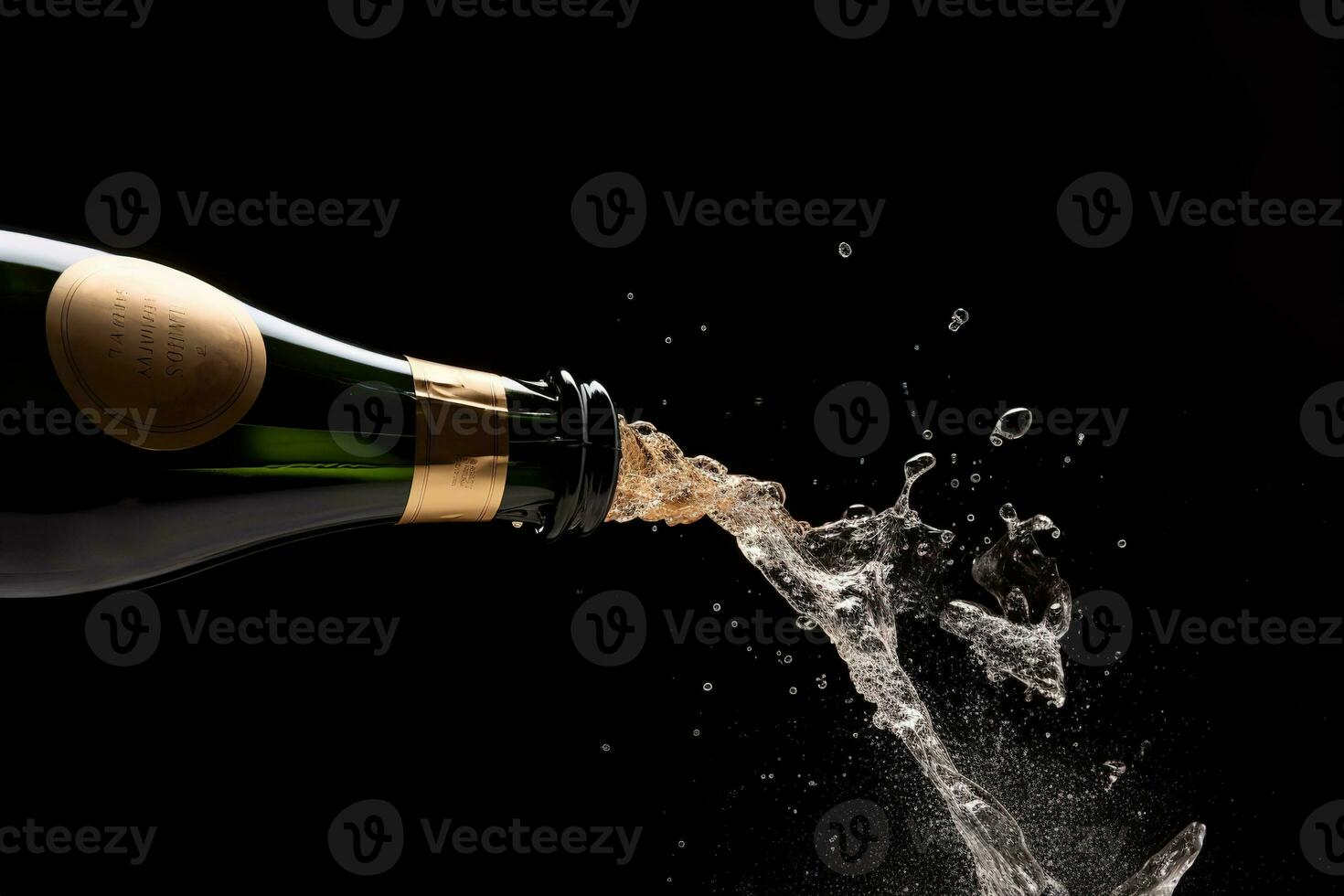 AI generated champagne bottle with sparkling liquid pouring out of it photo
