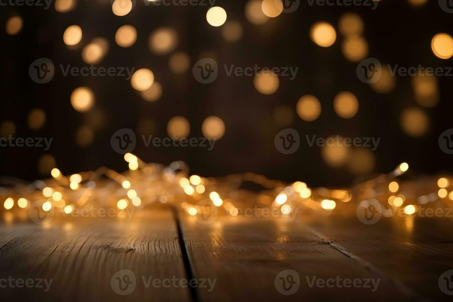 AI generated christmas lights on wooden floor with bokeh effect photo