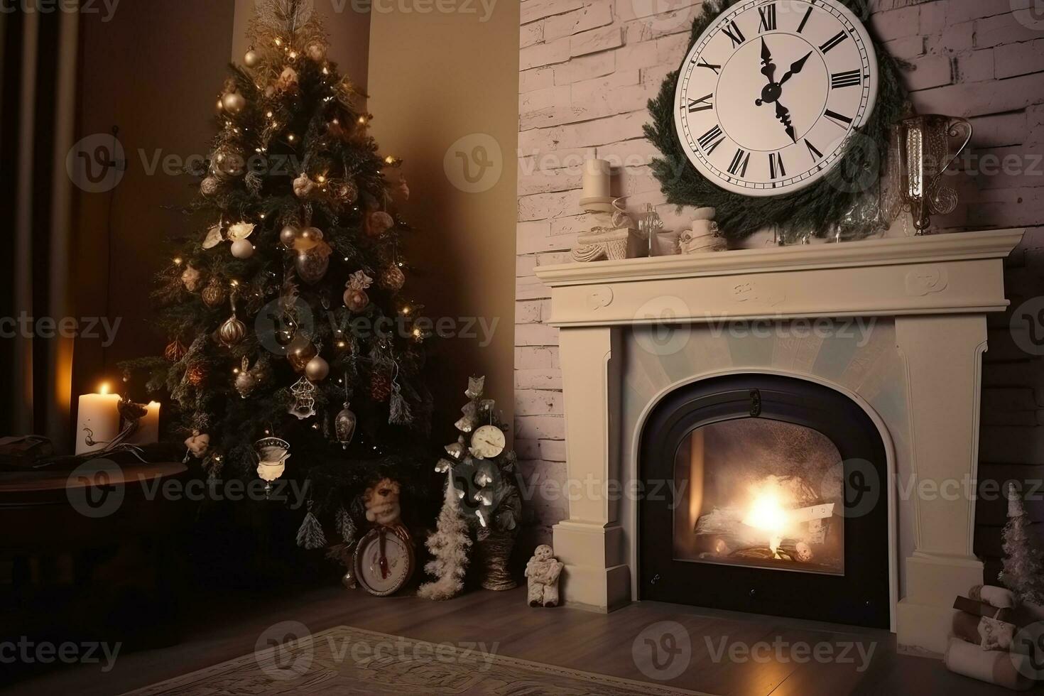 AI generated a fireplace with a clock and a christmas tree photo