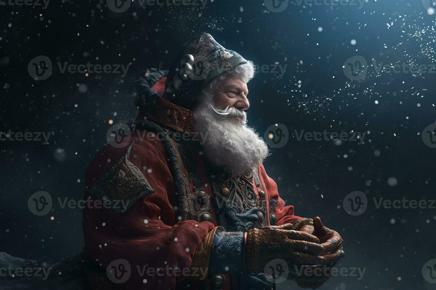 AI generated an old man in a red coat and beard is holding a gift photo