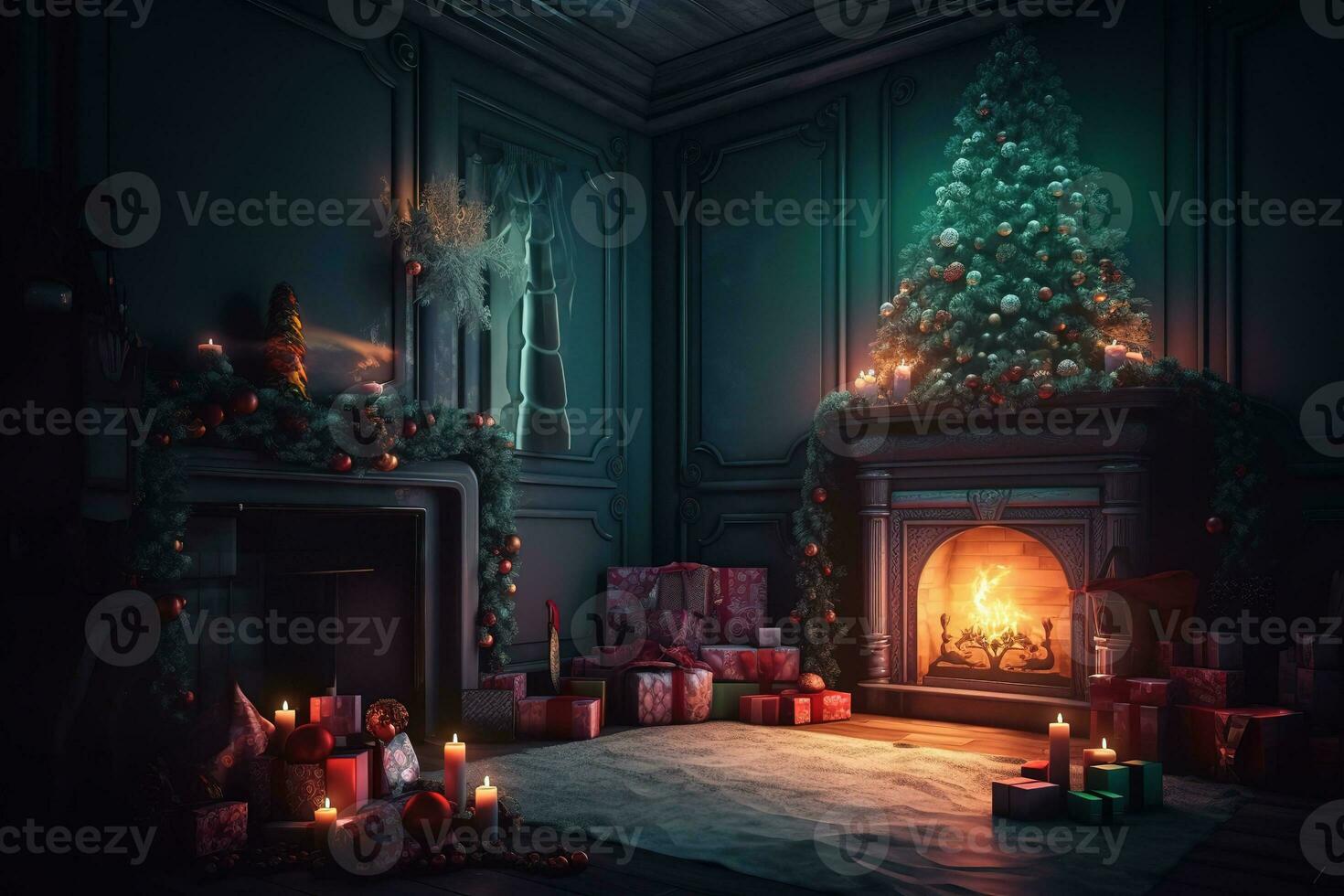 AI generated christmas fireplace with presents and a tree in the dark room photo