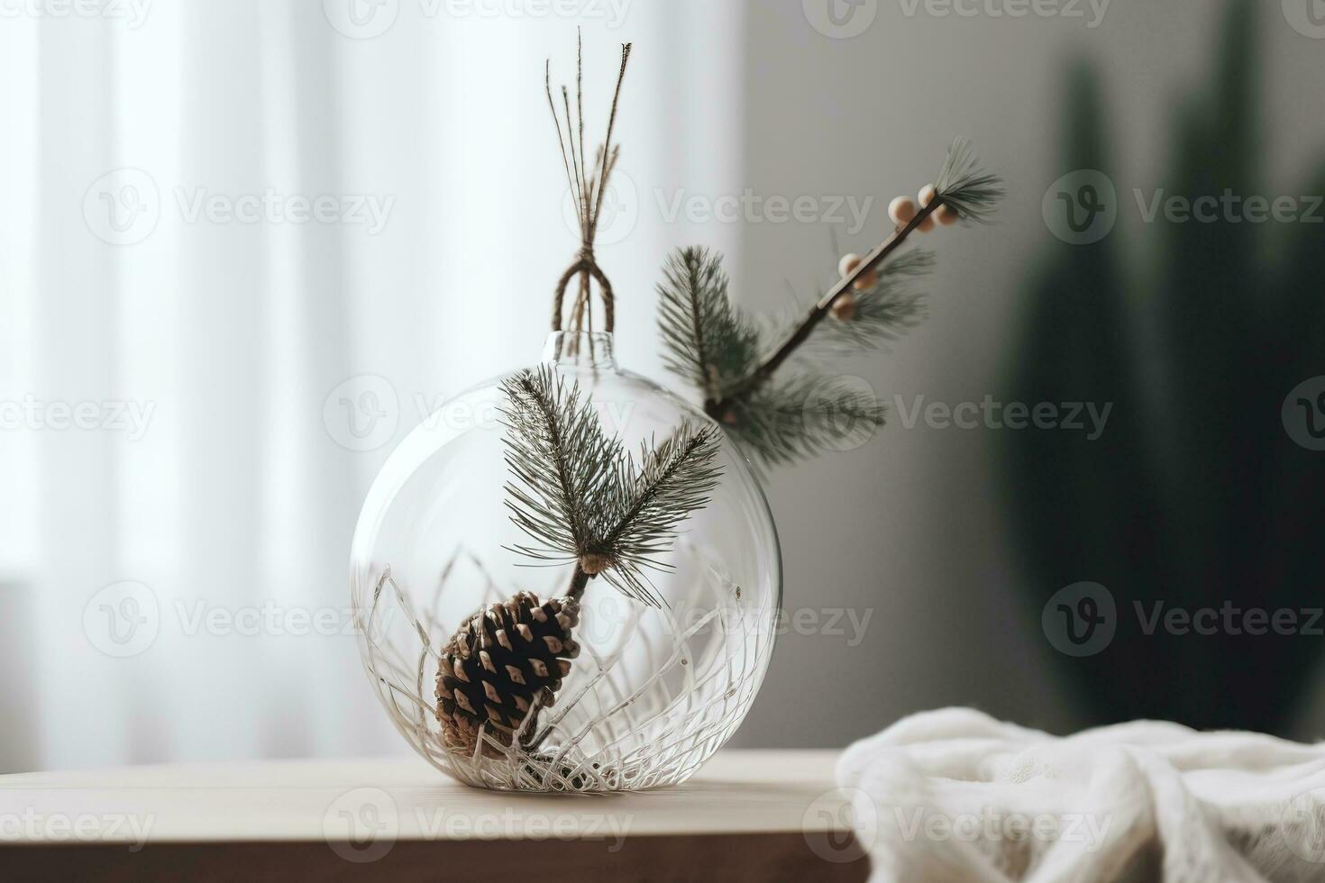 AI generated a glass vase with pine cones and a branch photo