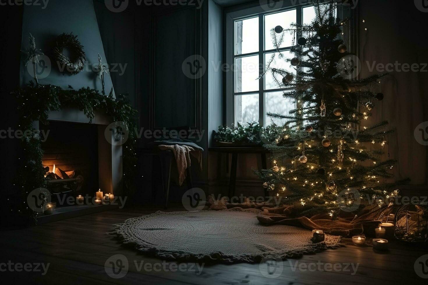 AI generated a christmas tree is lit in front of a fireplace photo