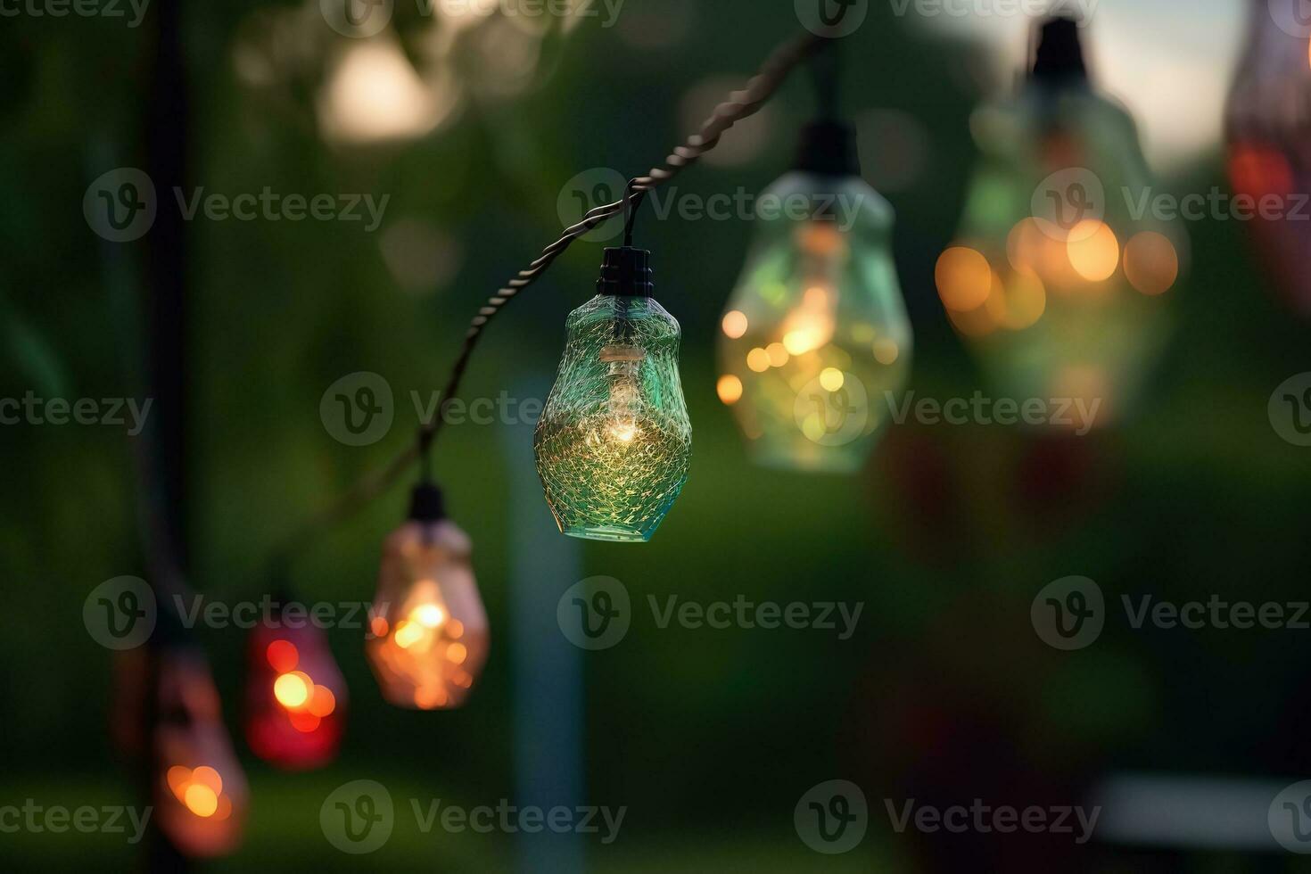 AI generated outdoor string lights with colored glass bottles photo