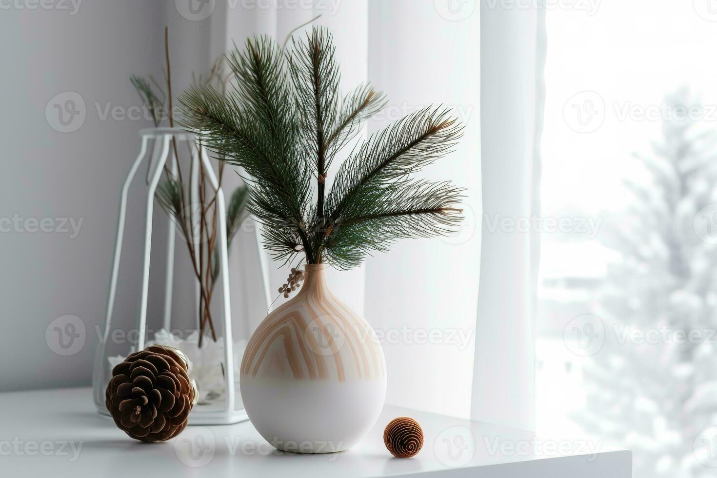 AI generated a vase with pine cones and a pine branch photo