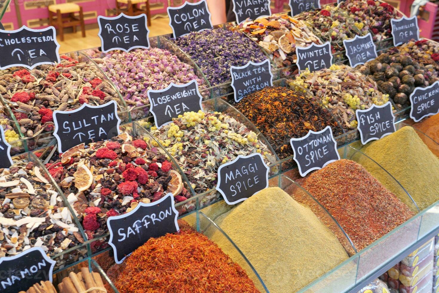 Colorful herbal tea from spice bazaar, traditional tea in Istanbul, photo