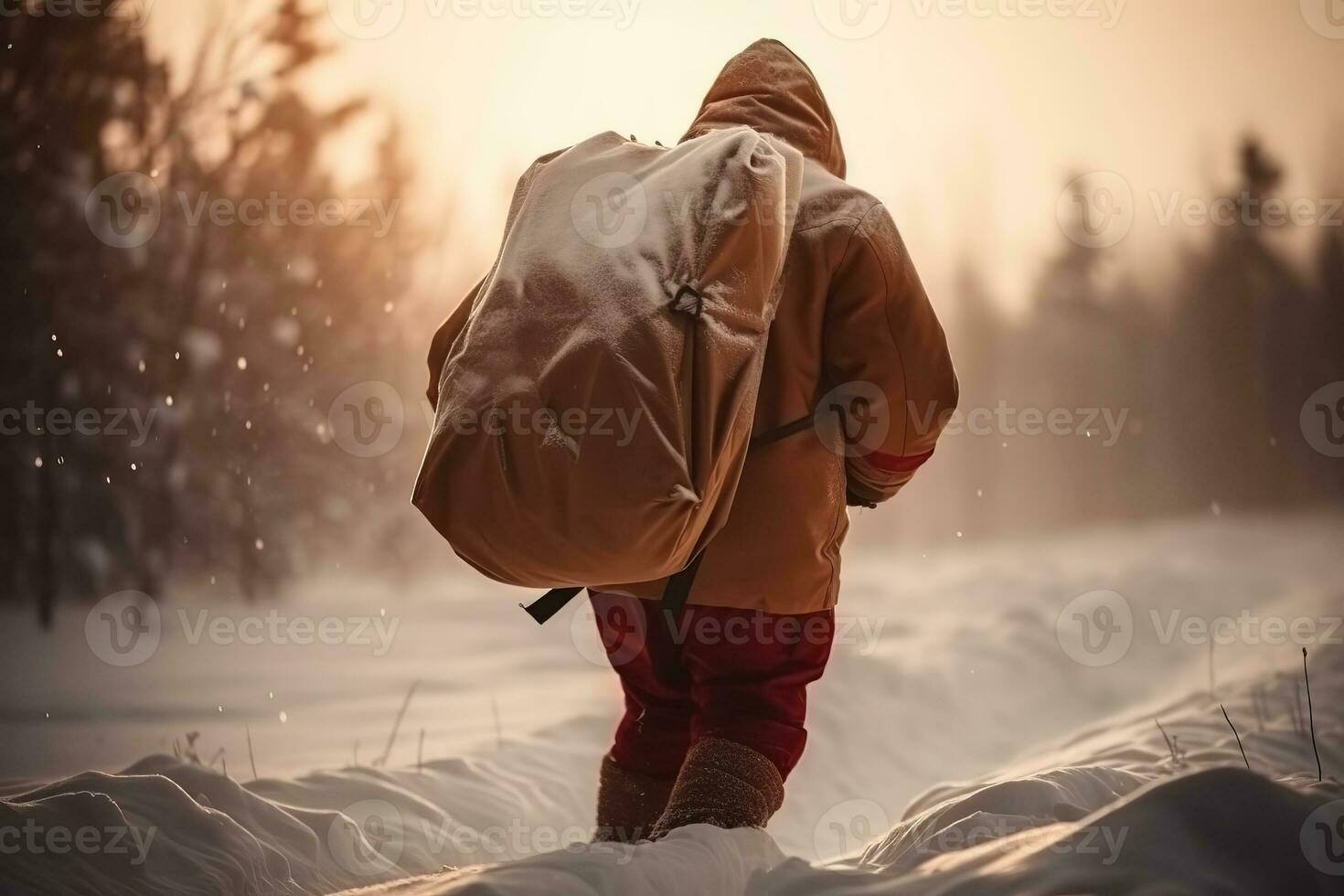 AI generated a man carrying a large bag in the snow photo