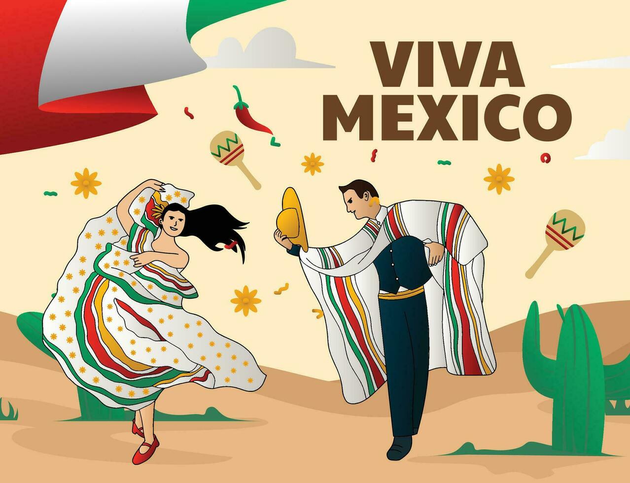 ilustración diseño de personas bailando Viva mexico evento bandera vector