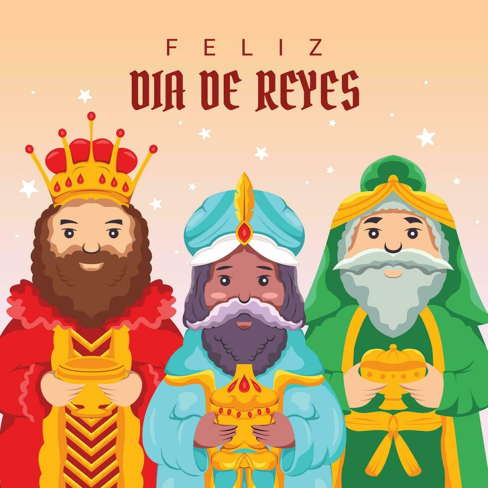 Social media post template illustration of three kings characters for Feliz Dia de Reyes greeting vector