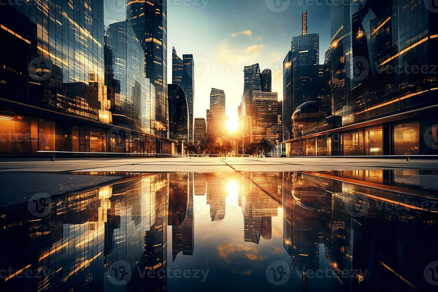 AI generated Portrait of business city center with lens flare effect. Glass reflection of tall buildings, tall buildings in urban areas. Blurred sunlight shines through. Generative AI photo