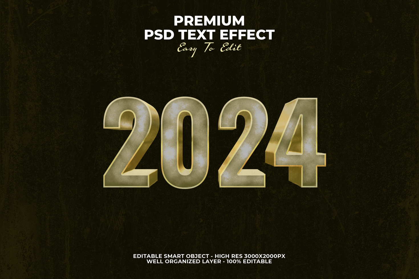 3d gold grunge new year 2024 text effect psd
