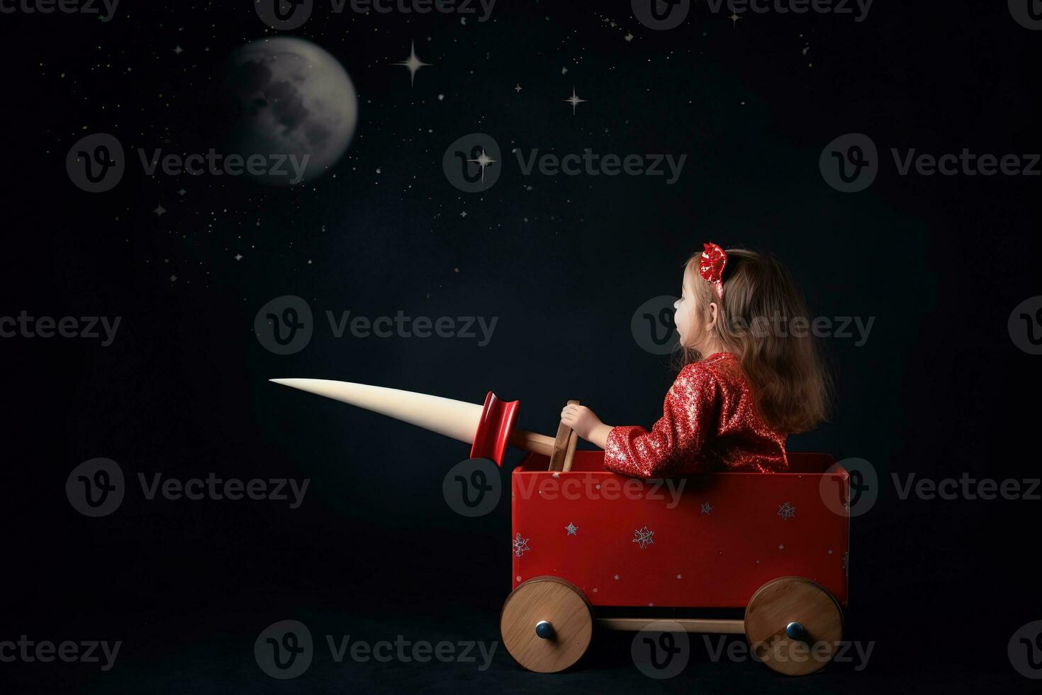 AI generated a little girl in a red dress riding a toy rocket photo