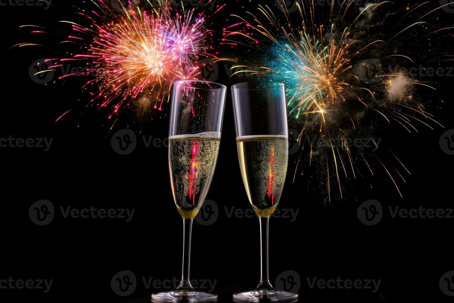 AI generated two glasses of champagne with fireworks in the background photo