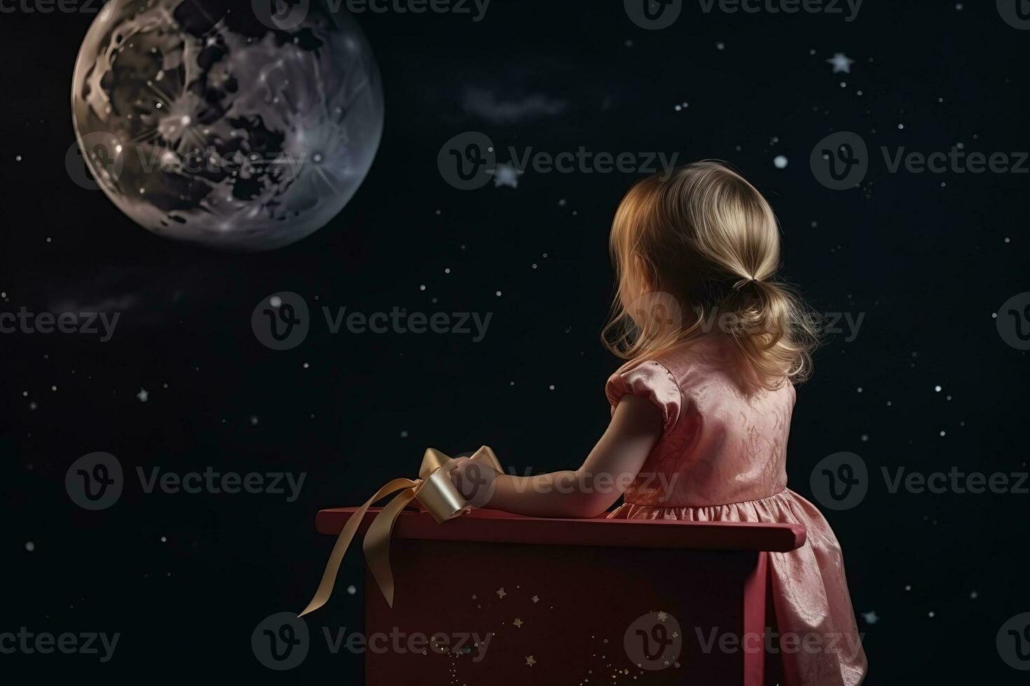 AI generated a little girl sitting on a chair looking at the moon photo