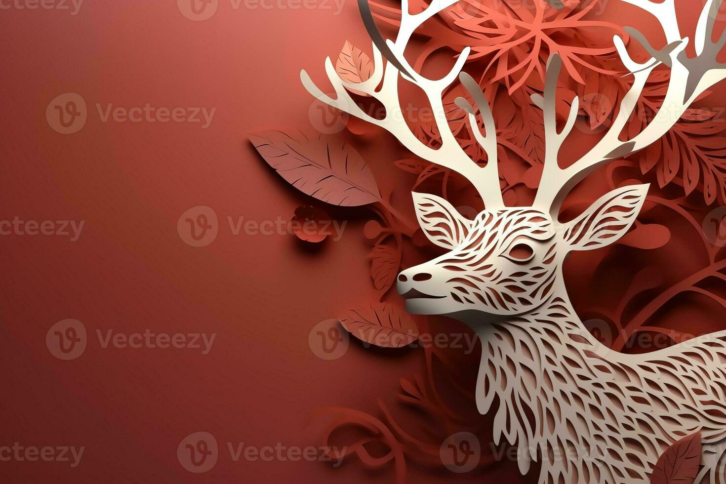 AI generated paper cut deer with leaves and flowers on red background photo
