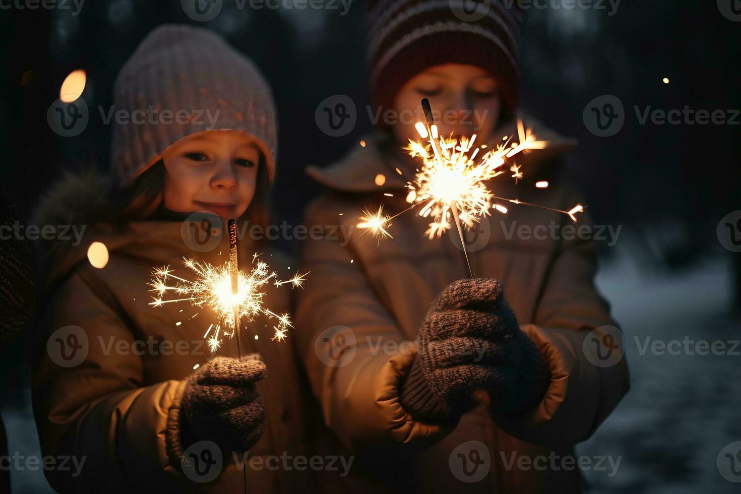 AI generated two children holding sparklers in the snow photo