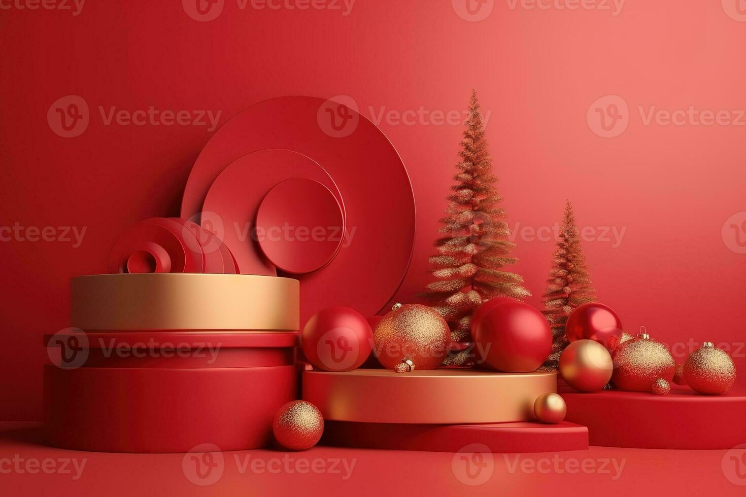 AI generated 3d rendering of christmas decorations on red background photo