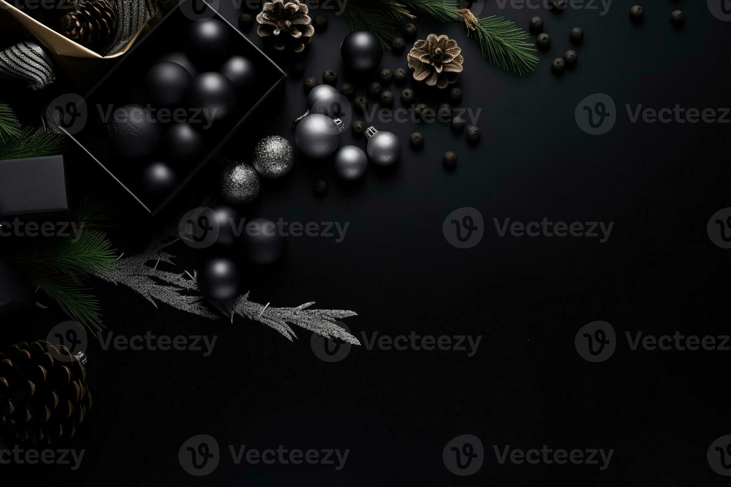 AI generated christmas decorations on a black background photo