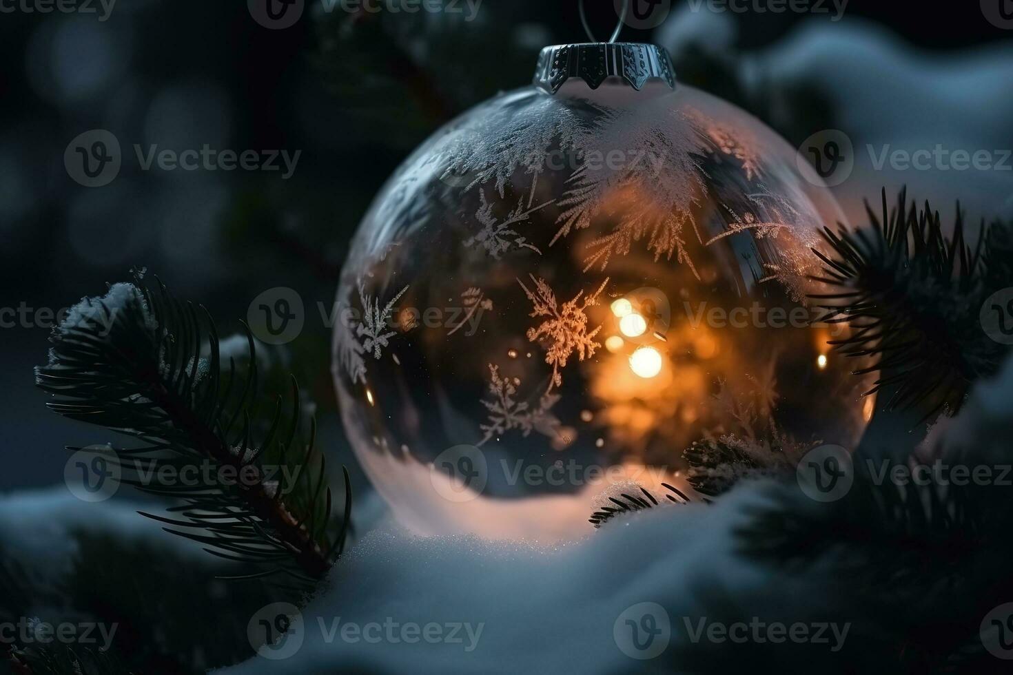 AI generated a christmas ball with a candle inside is shown in the snow photo