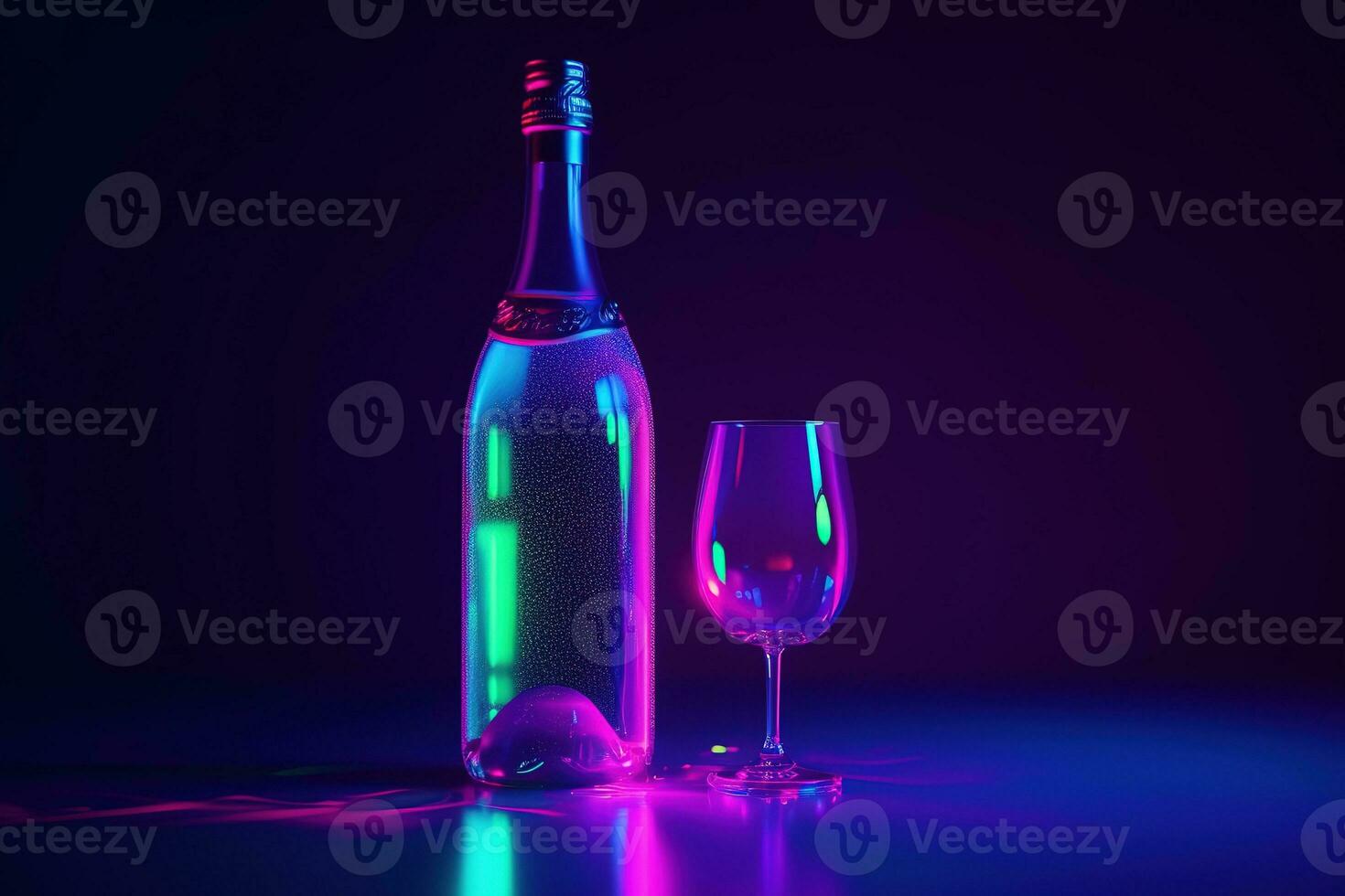 AI generated a bottle of champagne and a glass of wine on a dark background photo