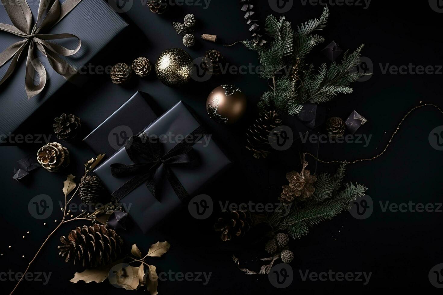AI generated black christmas presents on a black background photo