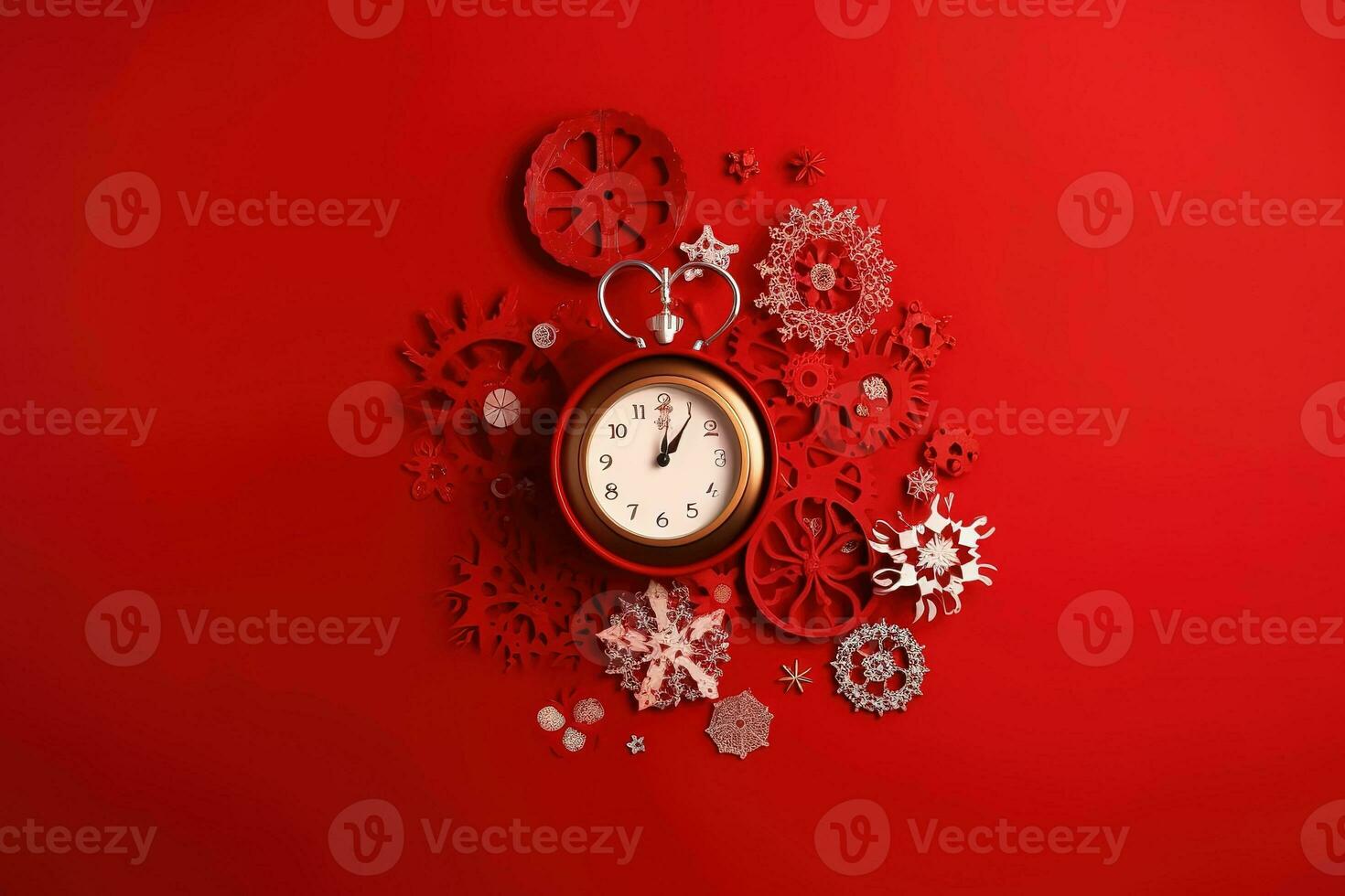 AI generated a clock on a red background with snowflakes photo