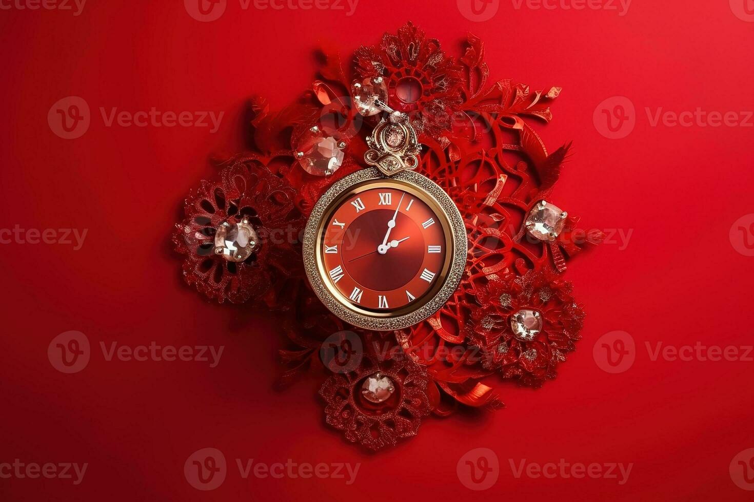 AI generated a clock on a red background with flowers and jewels photo