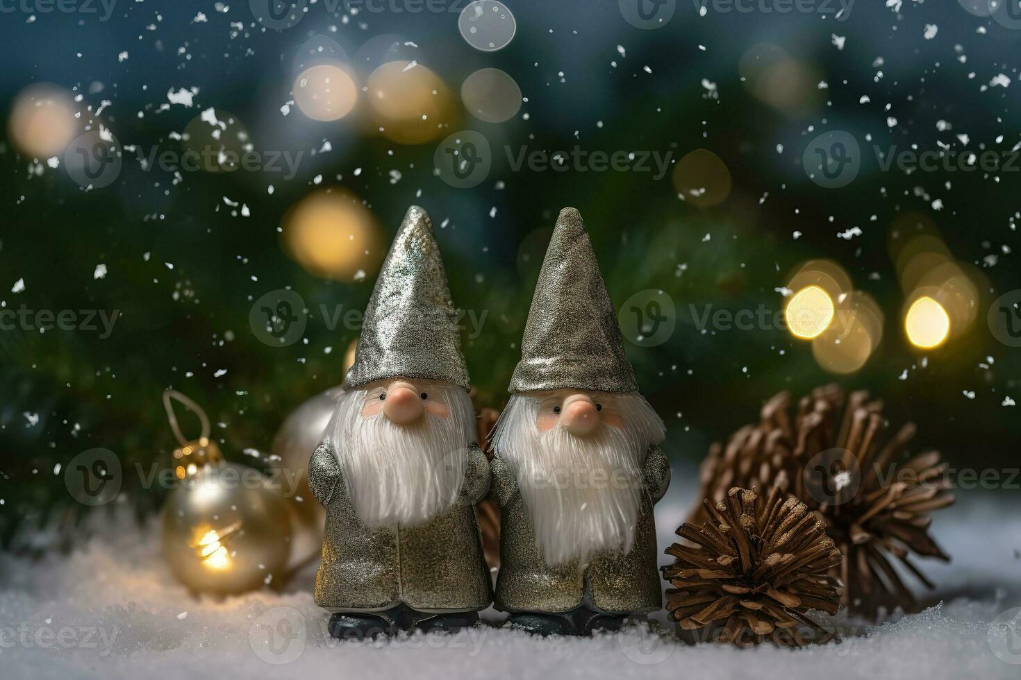 ai generado dos gnomos en pie en el nieve con Navidad decoraciones foto