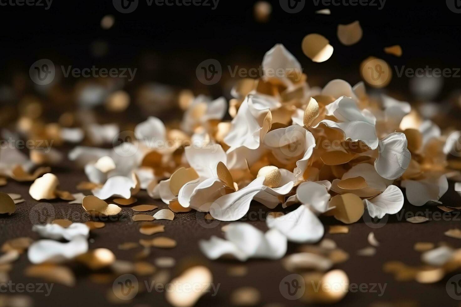 AI generated a pile of white and gold confetti on a dark background photo