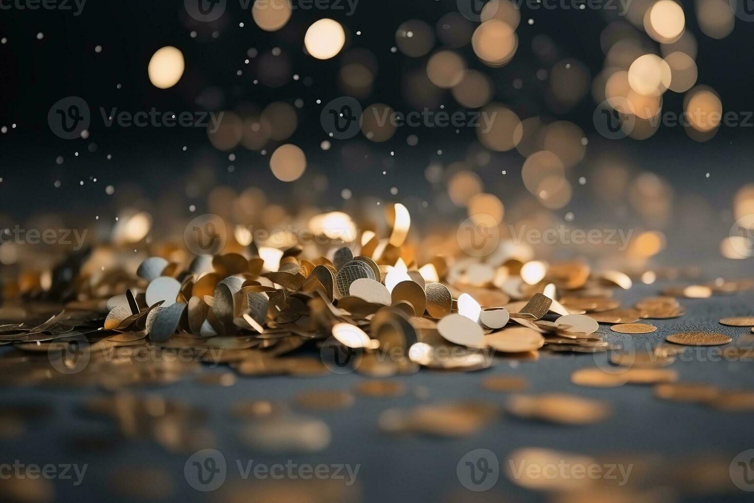 AI generated gold coins scattered on a table with bokeh effect photo