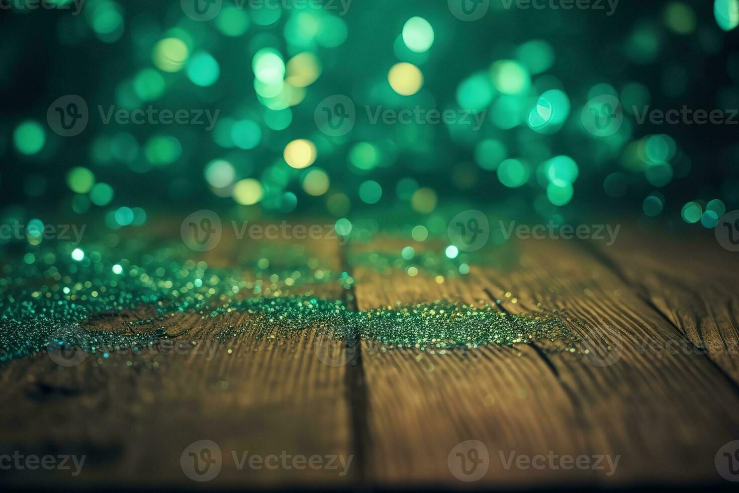 AI generated green glitter on wooden table with bokeh effect photo