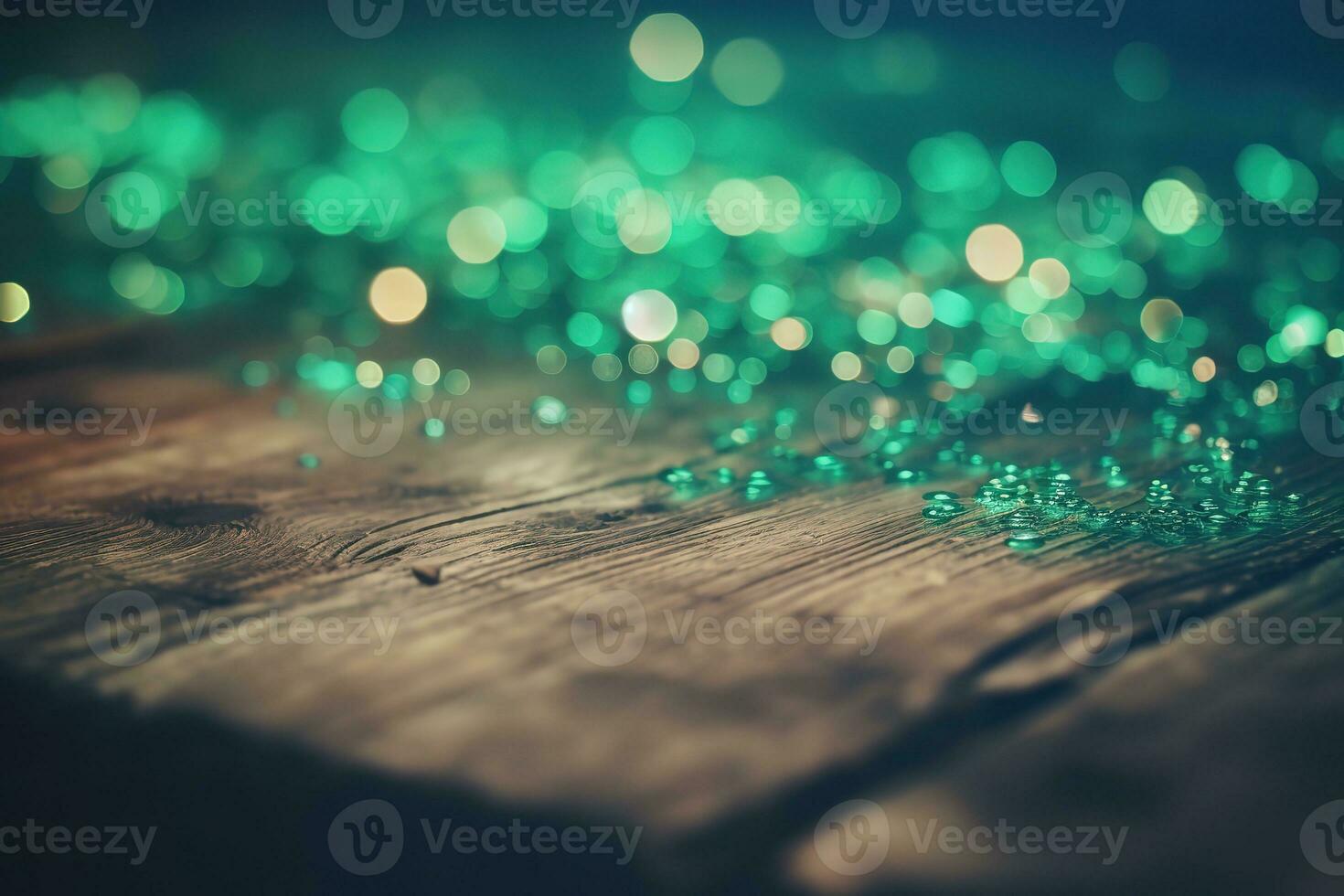 AI generated green glitter on wooden table with bokeh effect photo
