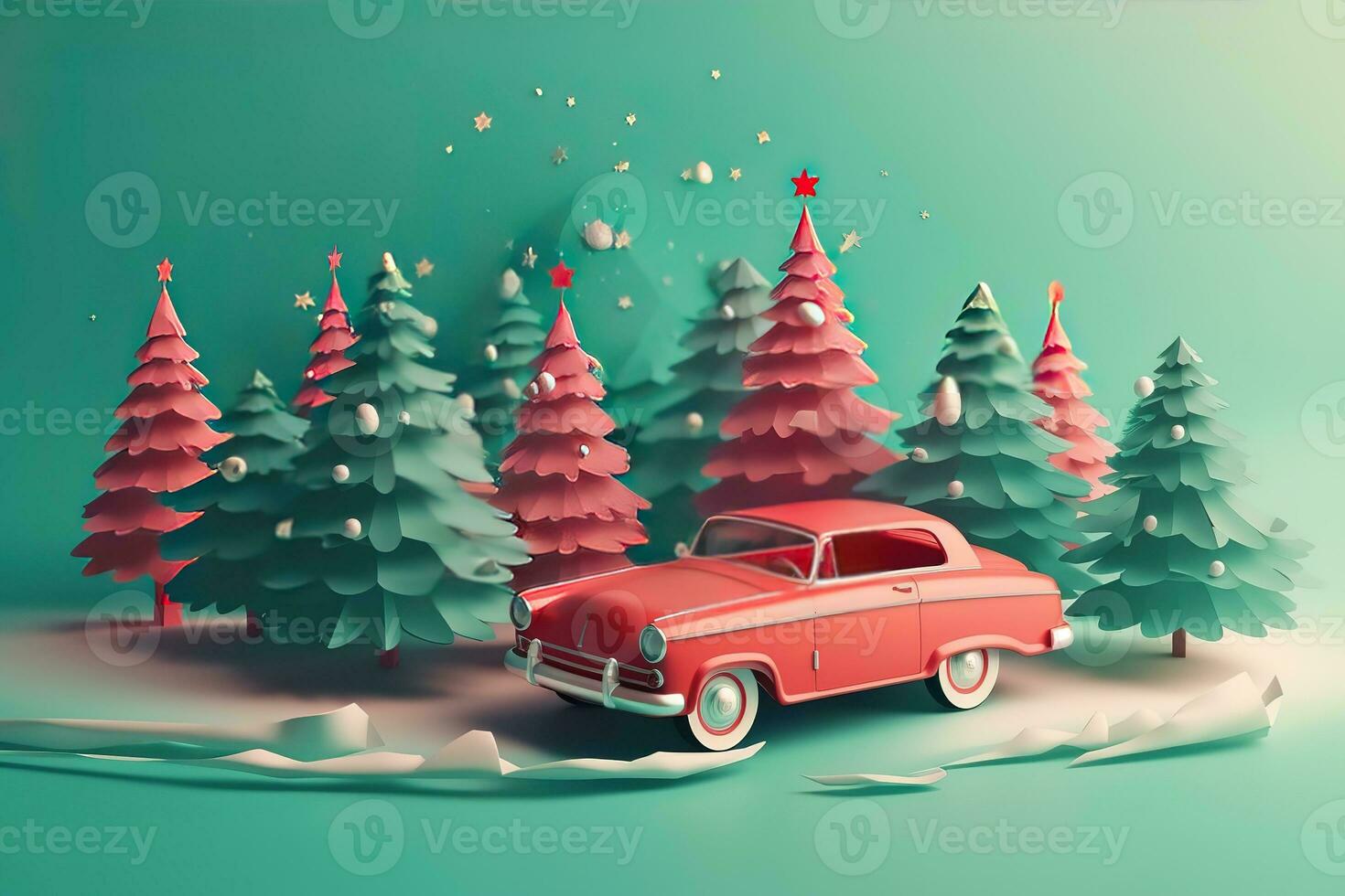 AI generated a red car is driving through the snow with trees photo