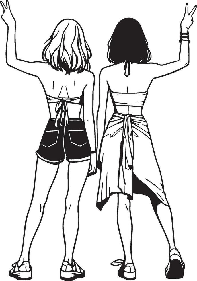 Girl Friends Sketch Drawing. vector