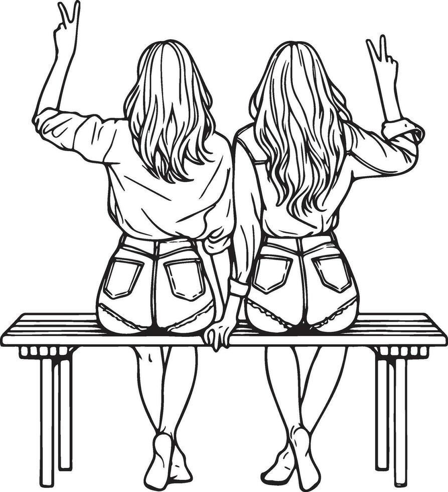 Girl Friends Sketch Drawing. vector